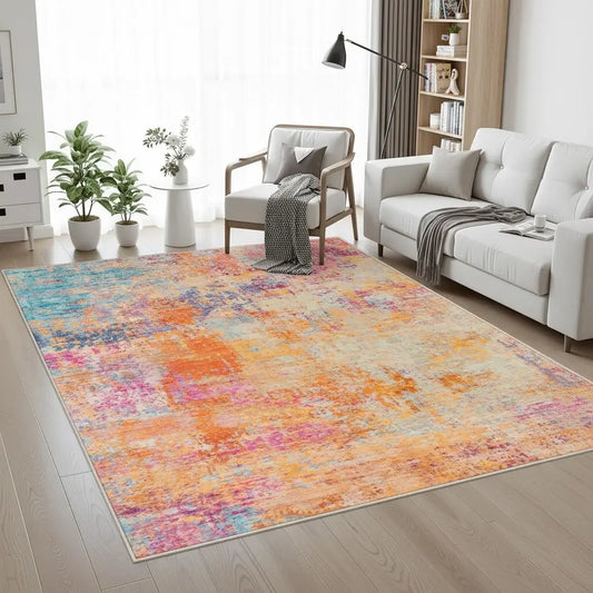 Burnt orange teal watercolor area rug in bedroom, soft washable non-slip large rug