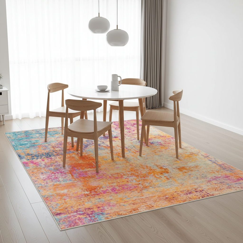 Burnt orange teal abstract area rug under dining table, bright multicolor washable rug