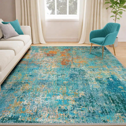 Teal Green Area Rug in Modern Living Room – Blue Green Watercolor Abstract Large Rug 8x10