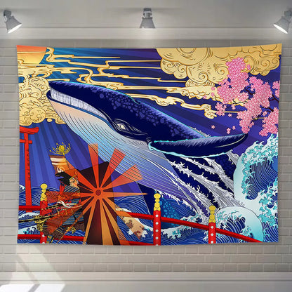 Blue Whale Night Tapestry – Japanese Ocean Wall Art Bedroom Decor