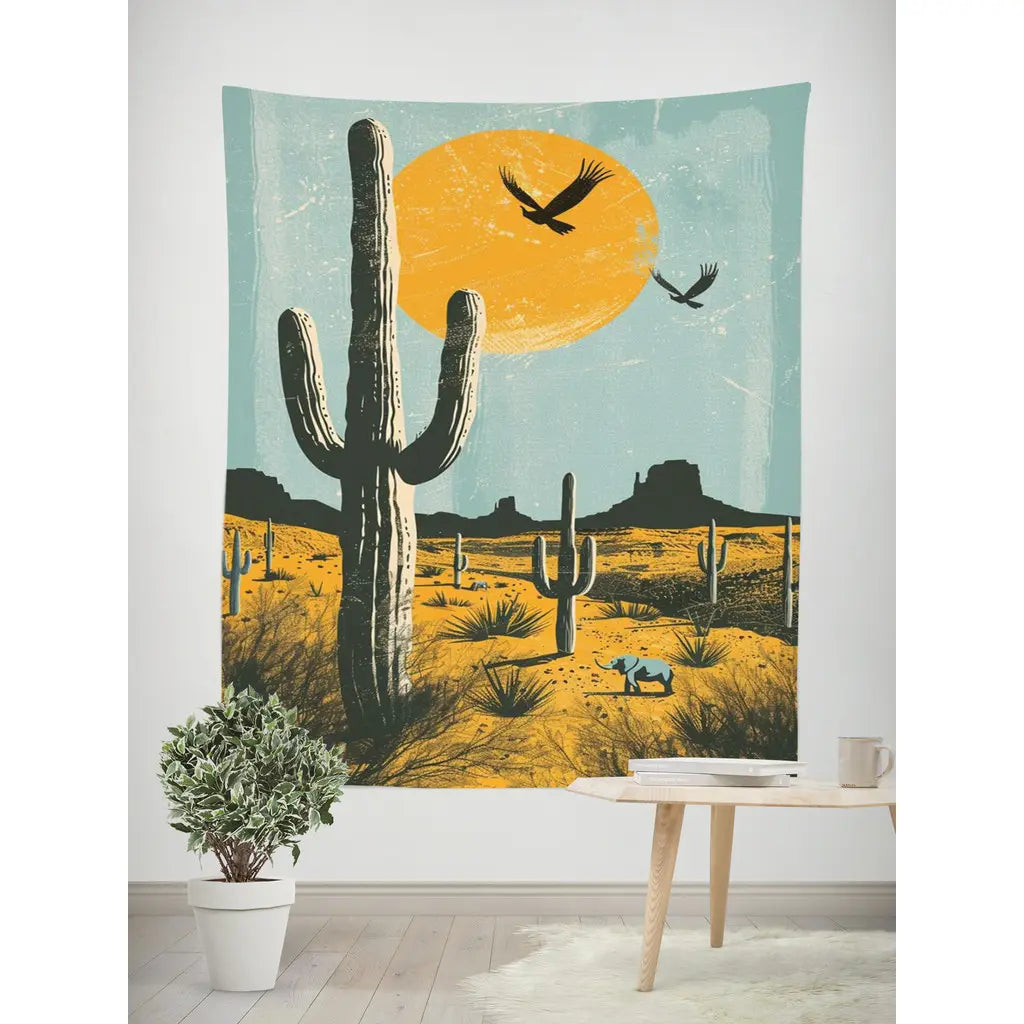 Nordic Cactus Tapestry as Sofa Backdrop – Aesthetic Home Decor