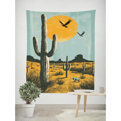 Nordic Cactus Tapestry as Sofa Backdrop – Aesthetic Home Decor