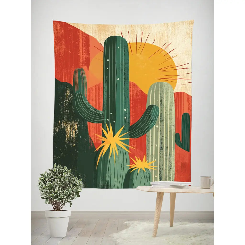Nordic Cactus Tapestry Bedroom Wall Decor – Minimalist Aesthetic Style