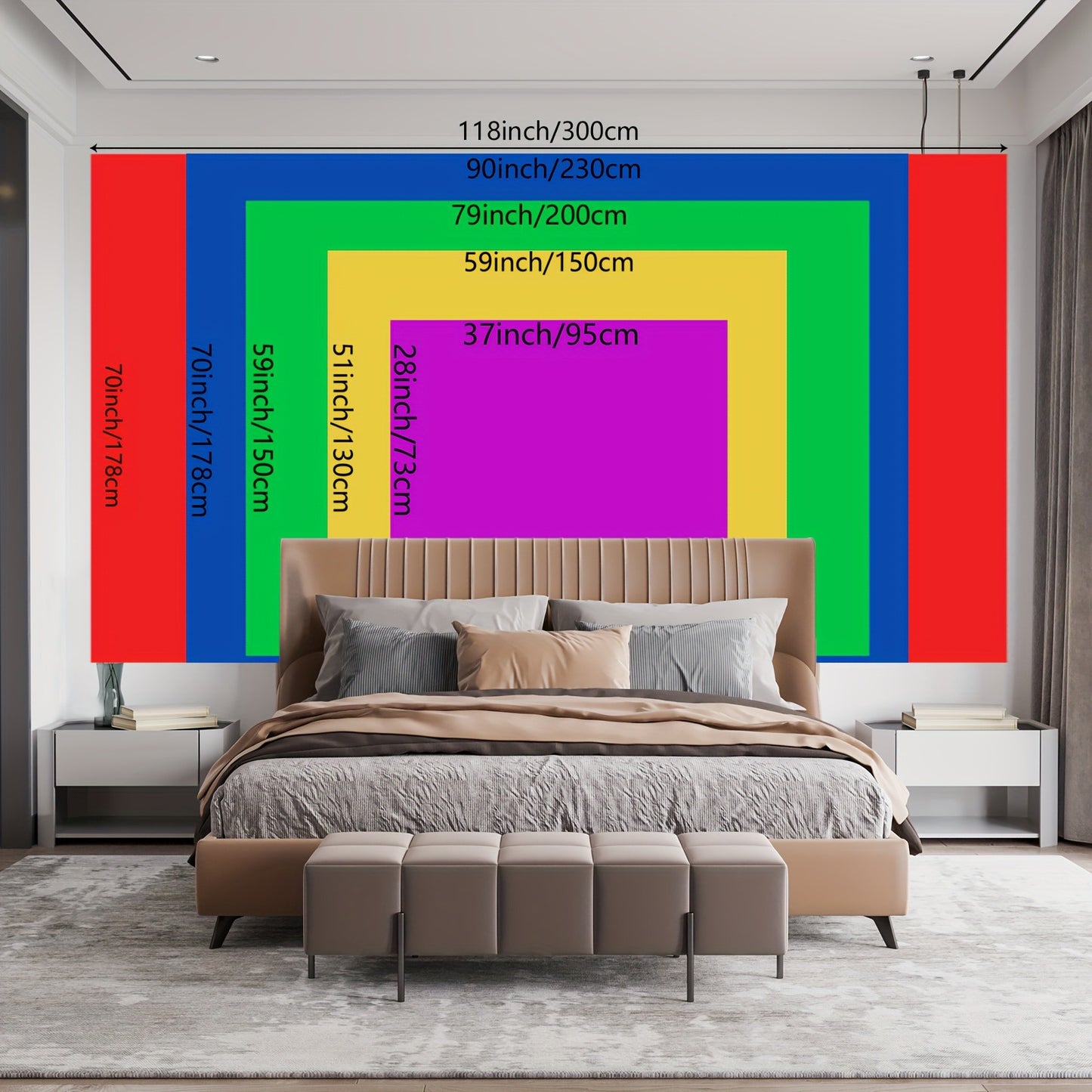 Black and white tapestry size guide – product dimensions chart for all available sizes dark boho wall hanging
