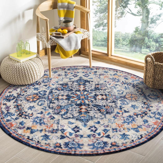 Round area rug Persian pattern – machine washable non-slip carpet for bedroom