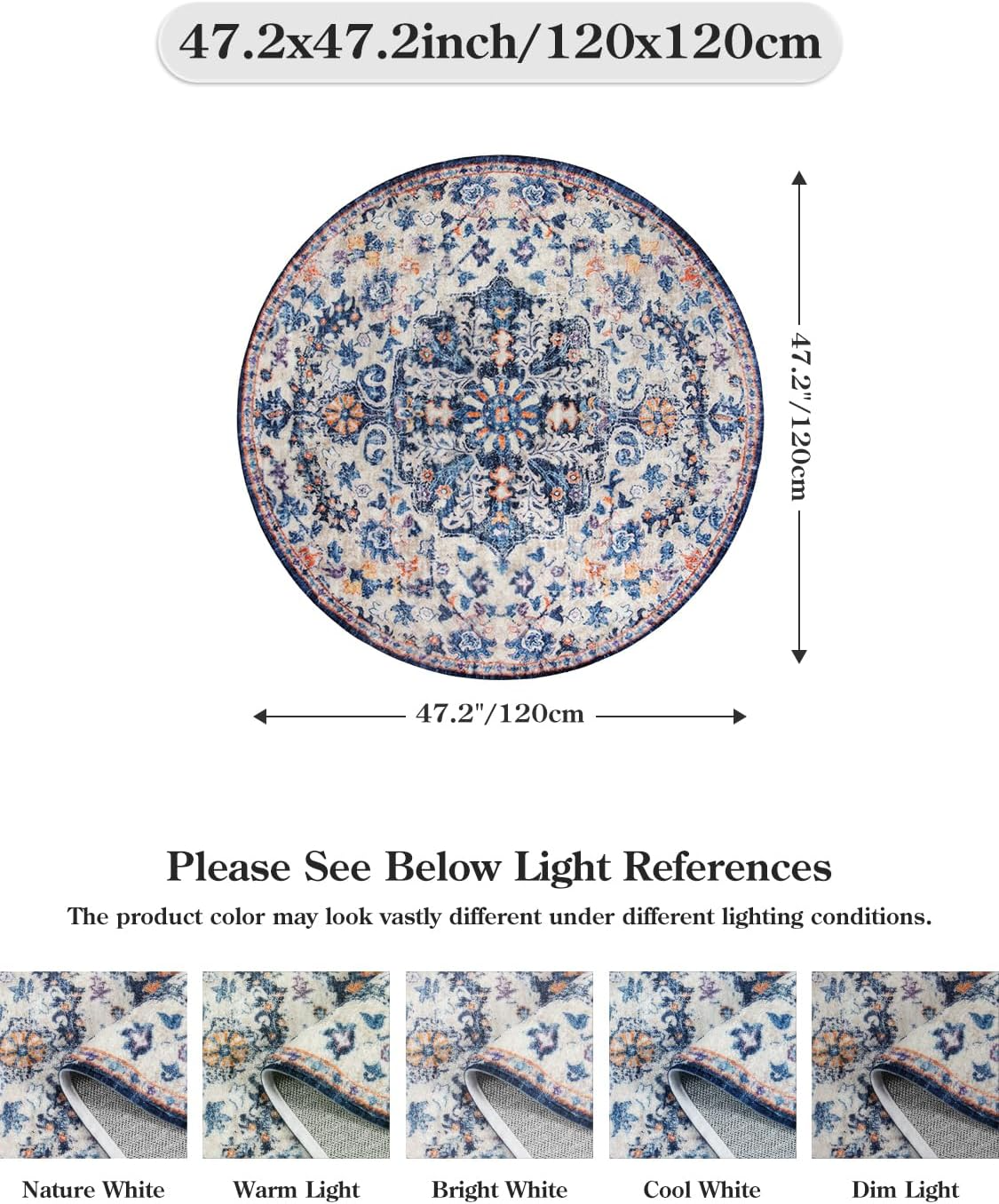 Round rug size guide – 4ft 5ft 6ft 6.6ft Persian style washable area rug