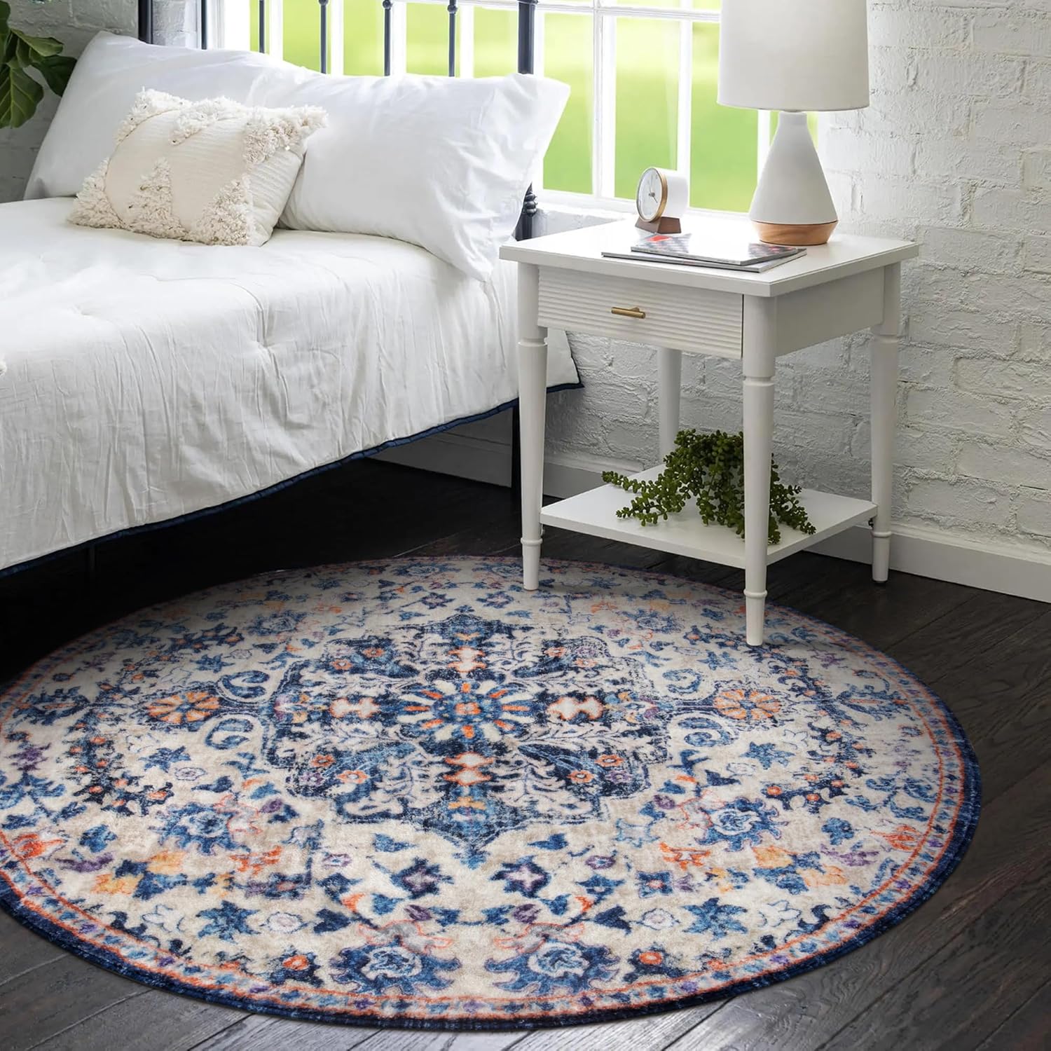 Close-up of Persian round rug texture – faux cashmere soft pile anti-slip backing