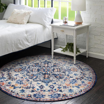 Close-up of Persian round rug texture – faux cashmere soft pile anti-slip backing