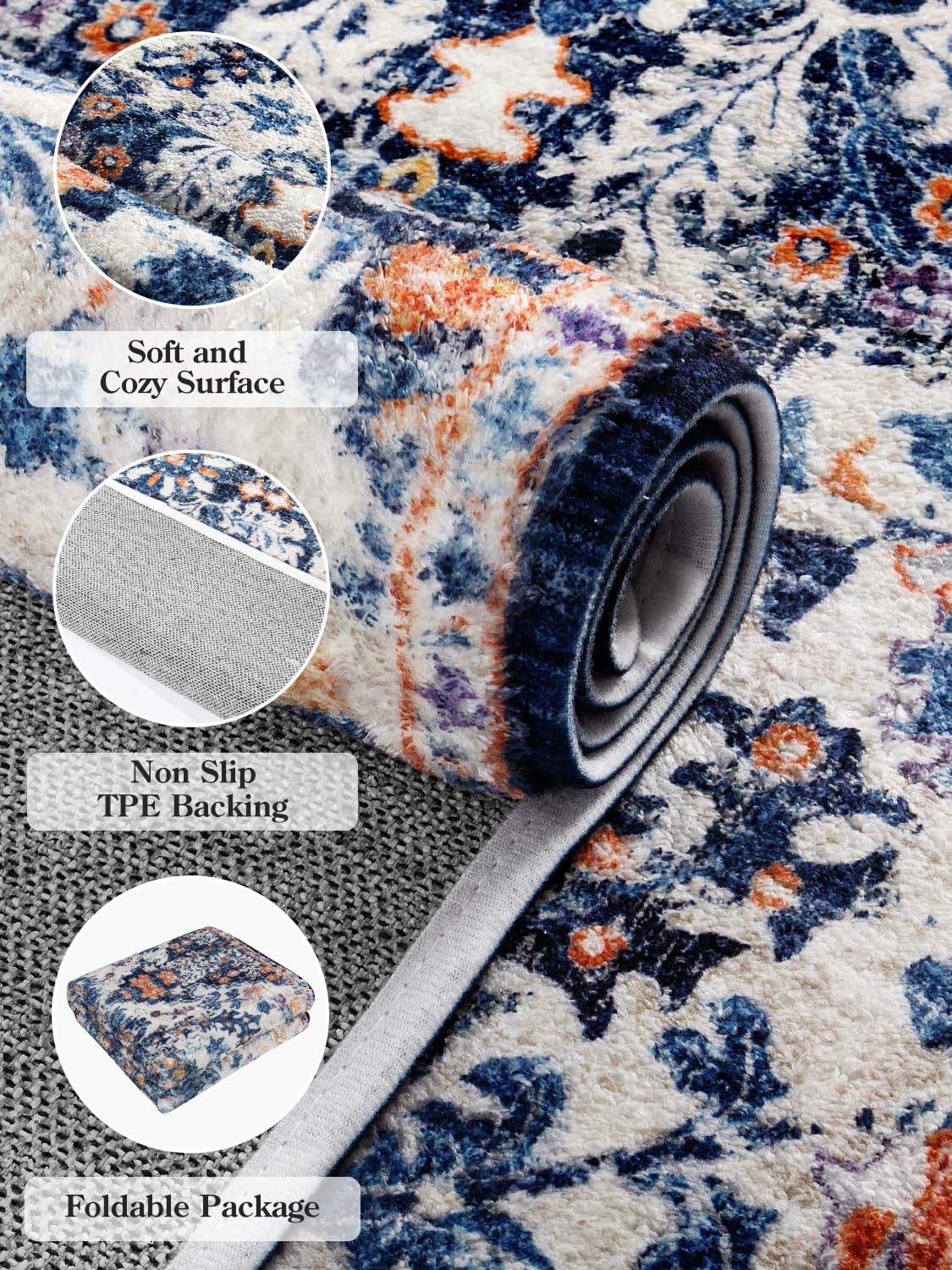 Round rug flat lay – Persian pattern anti-slip washable carpet 4ft to 6.6ft