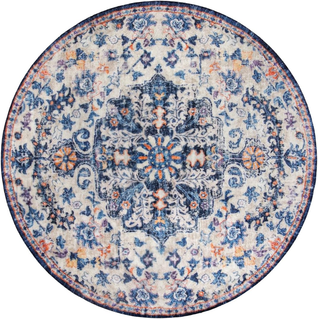 Persian style round rug lifestyle photo – soft washable carpet for living room