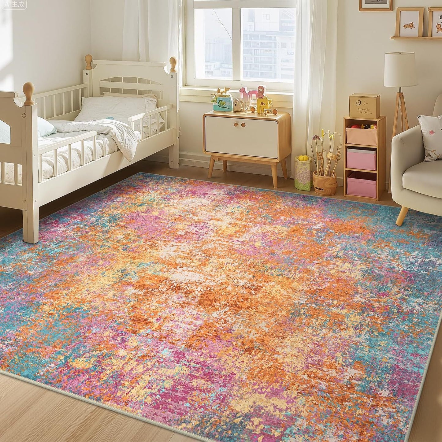 Peach orange watercolor abstract area rug in living room, large washable non-slip rug