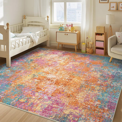 Peach orange watercolor abstract area rug in living room, large washable non-slip rug
