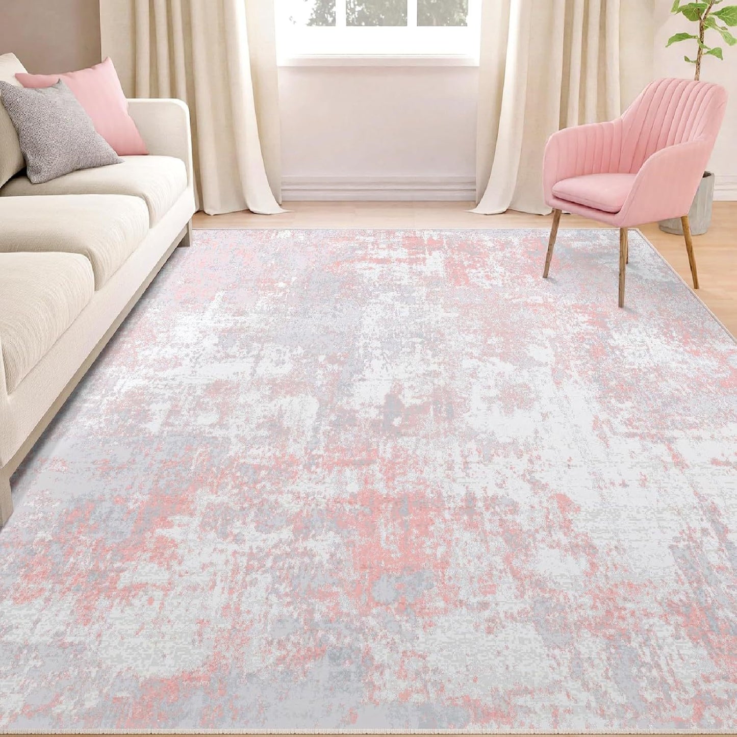 Blush pink and gray watercolor abstract area rug in bedroom, soft washable non-slip large rug