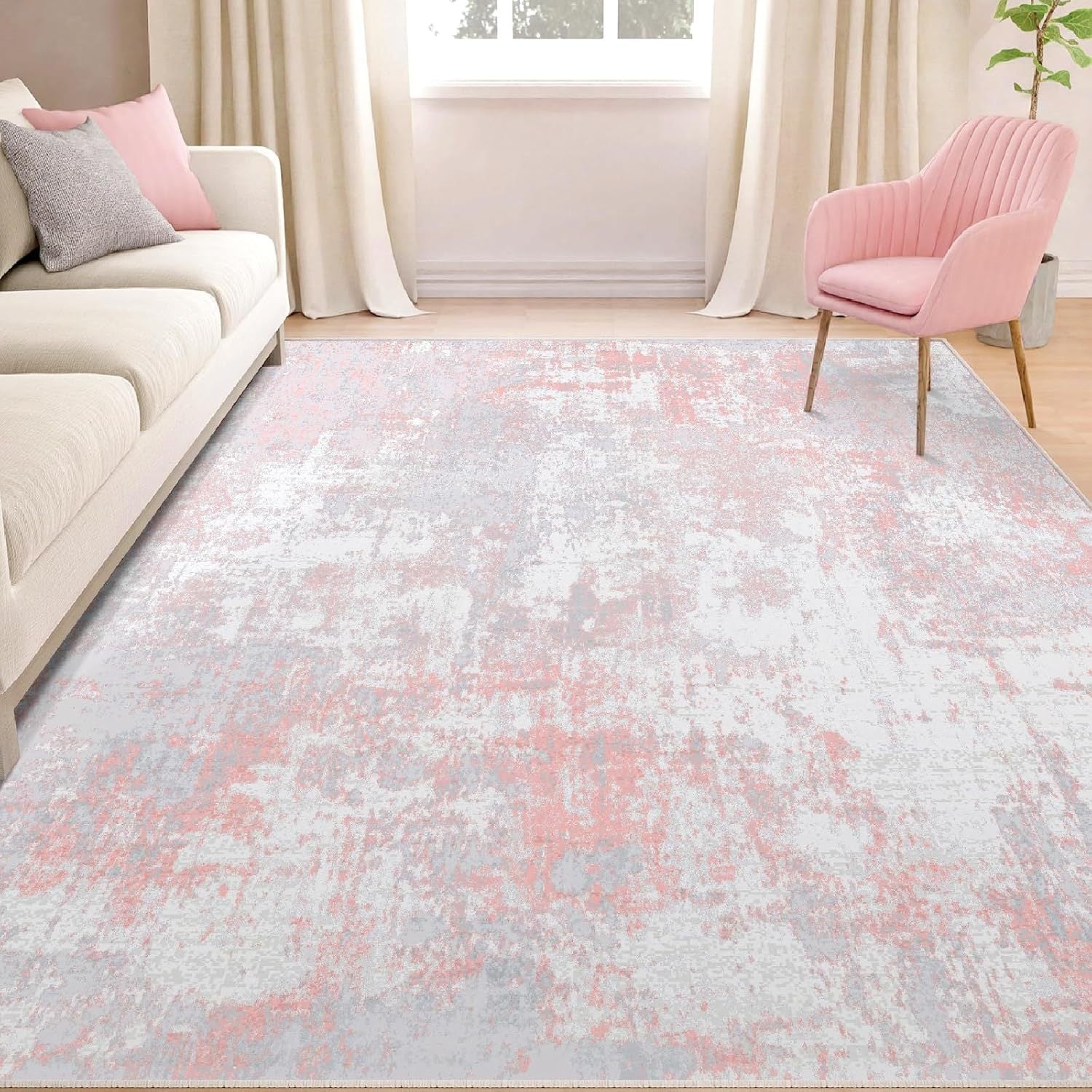 Blush pink and gray watercolor abstract area rug in bedroom, soft washable non-slip large rug