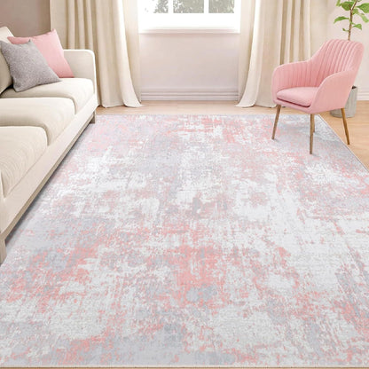 Blush pink and gray watercolor abstract area rug in bedroom, soft washable non-slip large rug
