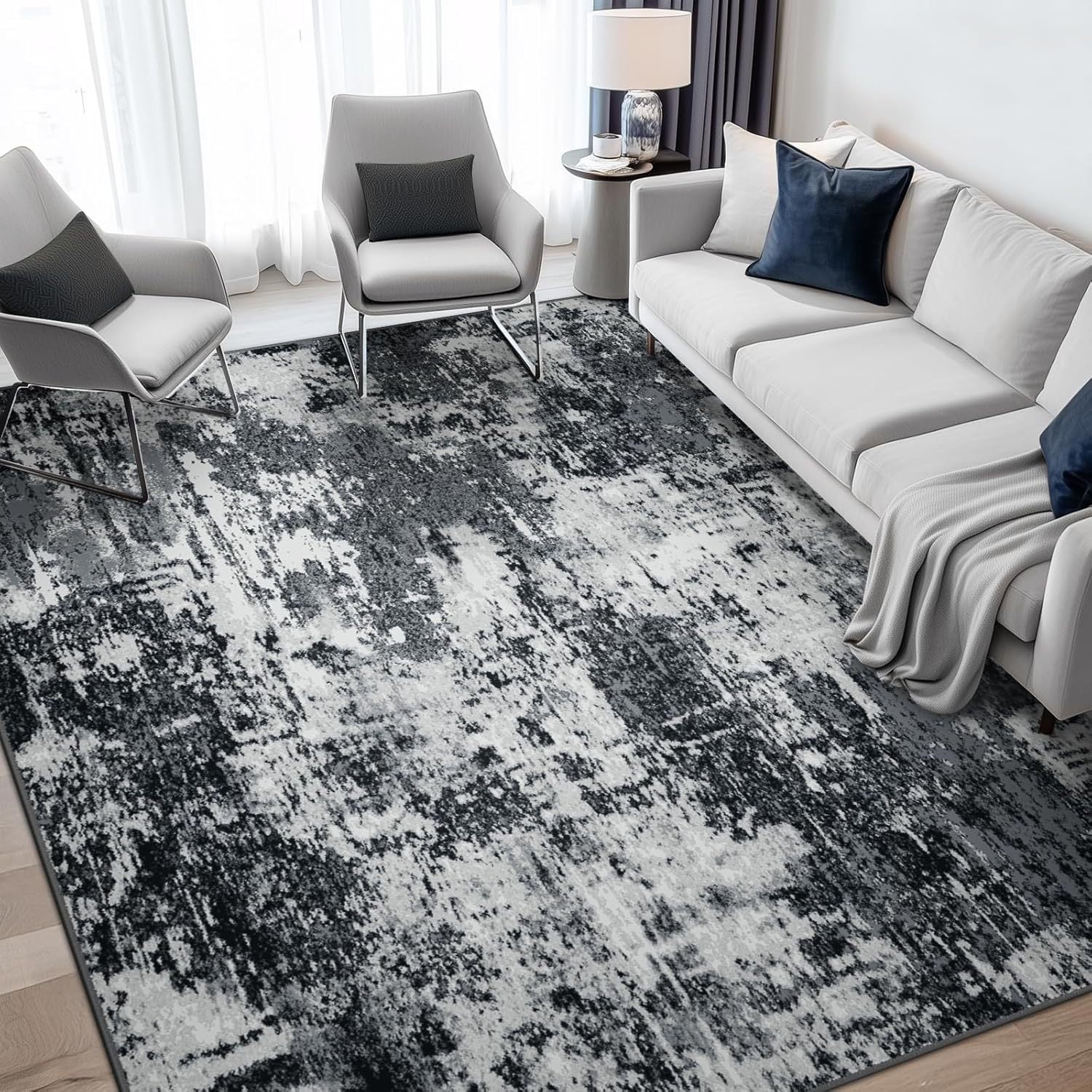 Dark gray watercolor abstract area rug in living room, non-slip washable large rug 8x10