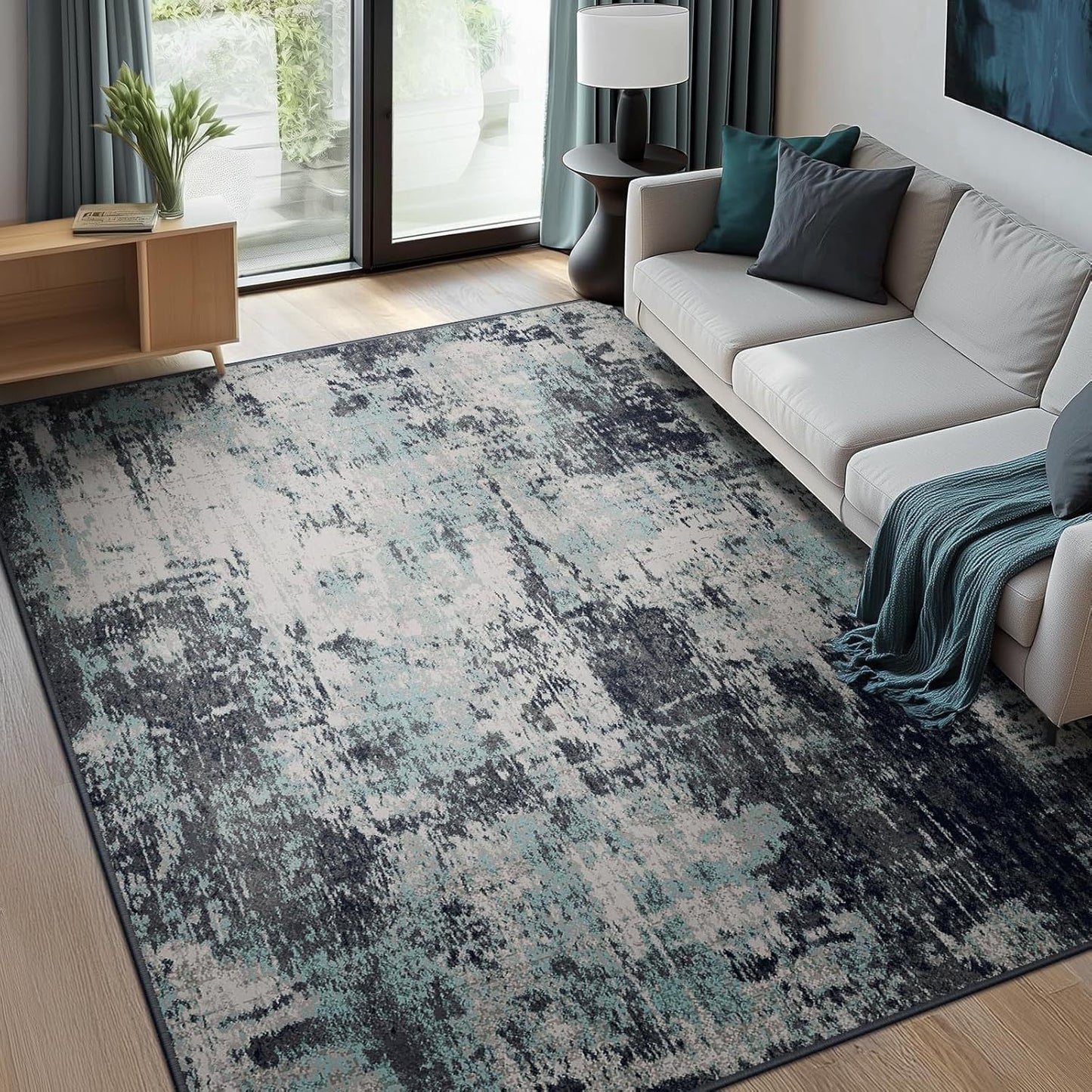Gray blue watercolor abstract area rug in living room, machine washable non-slip large rug