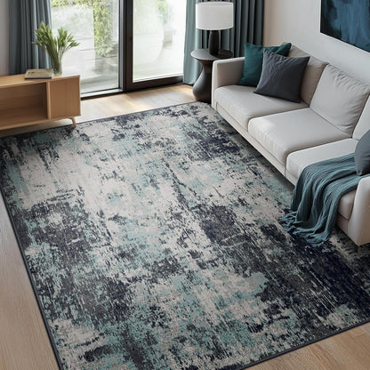 Gray blue watercolor abstract area rug in living room, machine washable non-slip large rug