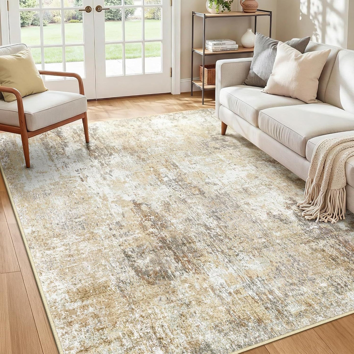 Light ivory gray watercolor abstract area rug in living room, washable non-slip large rug