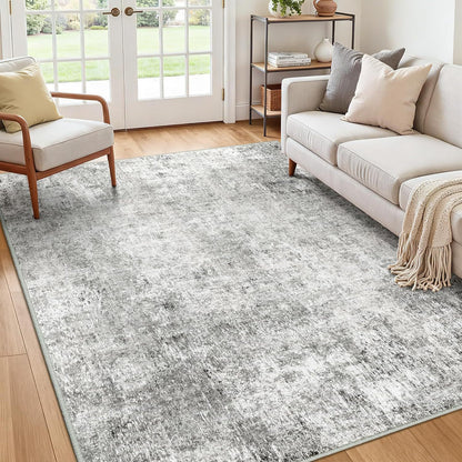 Light blue gray watercolor abstract area rug in living room, non-slip machine washable large rug
