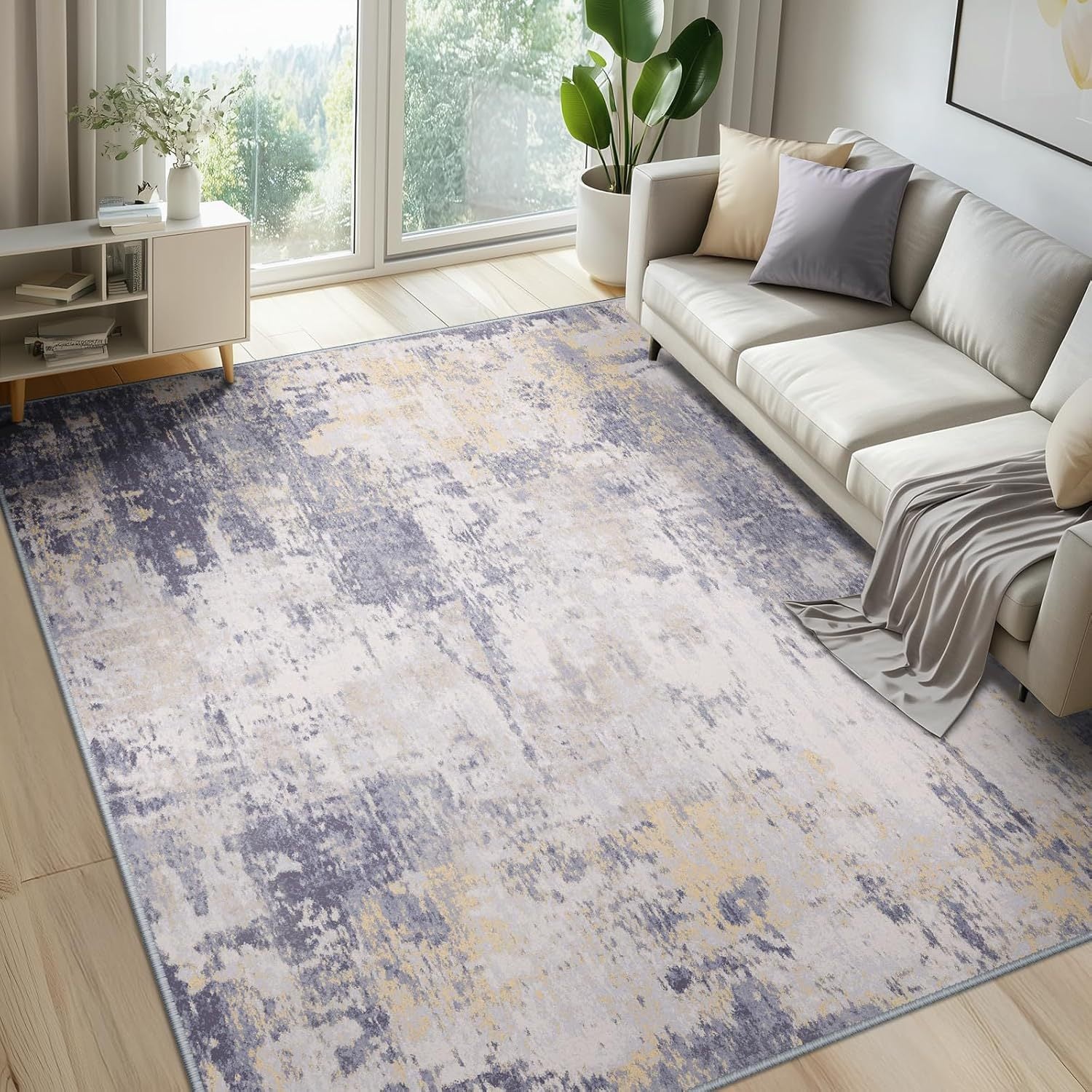Blue gray watercolor abstract area rug in living room, non-slip washable large rug 8x10
