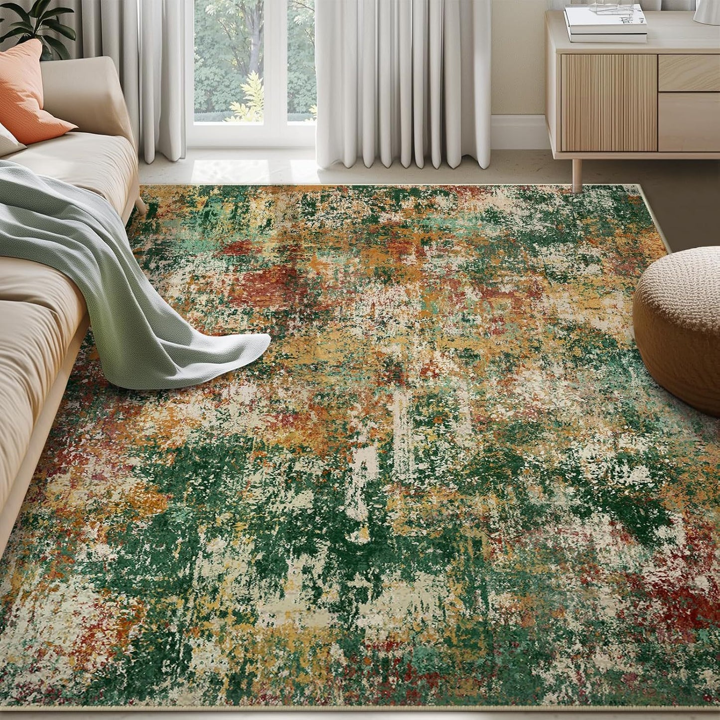 Dark green watercolor abstract area rug in living room, non-slip machine washable large rug