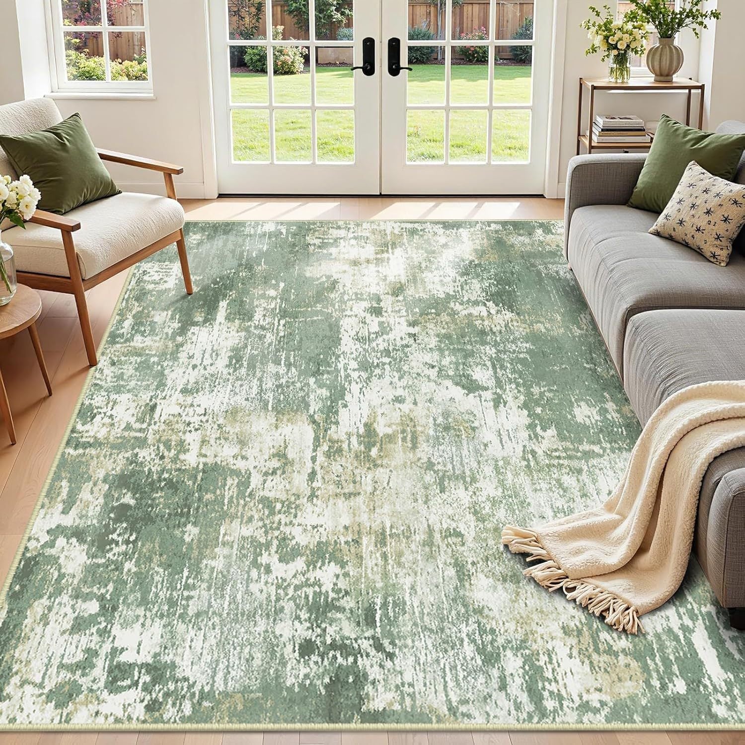 Light green gray watercolor abstract area rug in living room, washable non-slip large rug