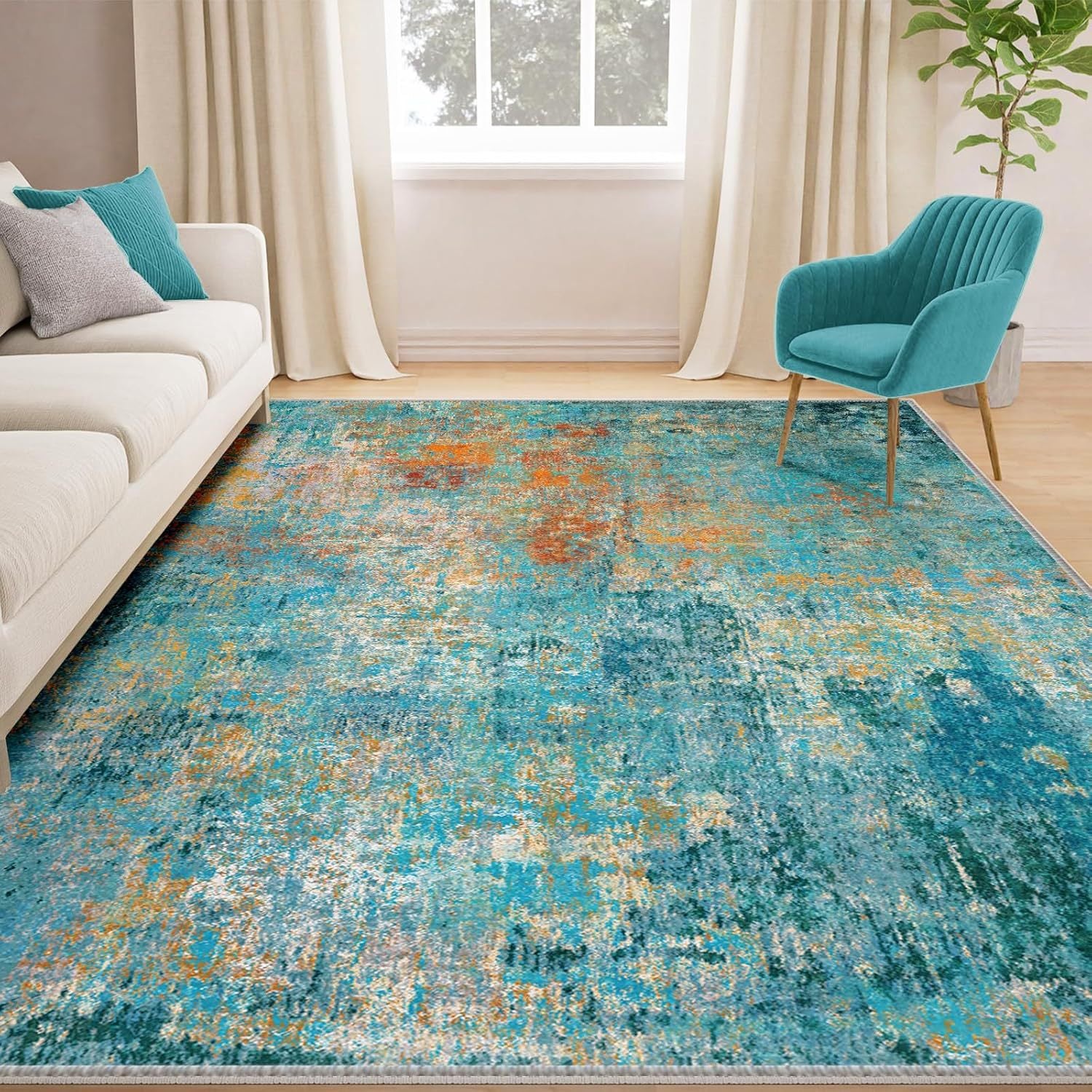 Teal Green Area Rug in Modern Living Room – Blue Green Watercolor Abstract Large Rug 8x10