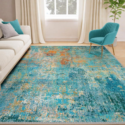 Teal Green Area Rug in Modern Living Room – Blue Green Watercolor Abstract Large Rug 8x10
