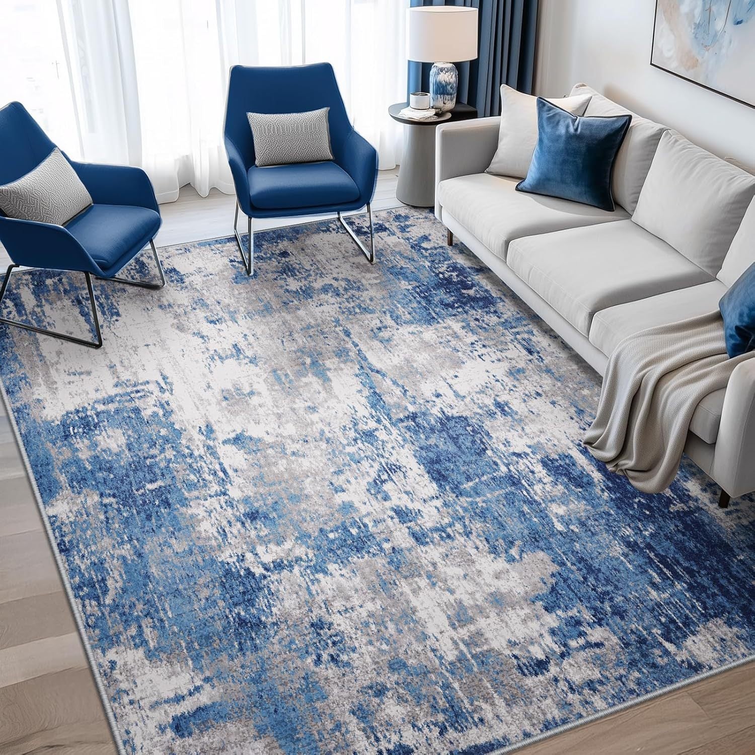 Blue gray watercolor abstract area rug in living room, machine washable non-slip large rug
