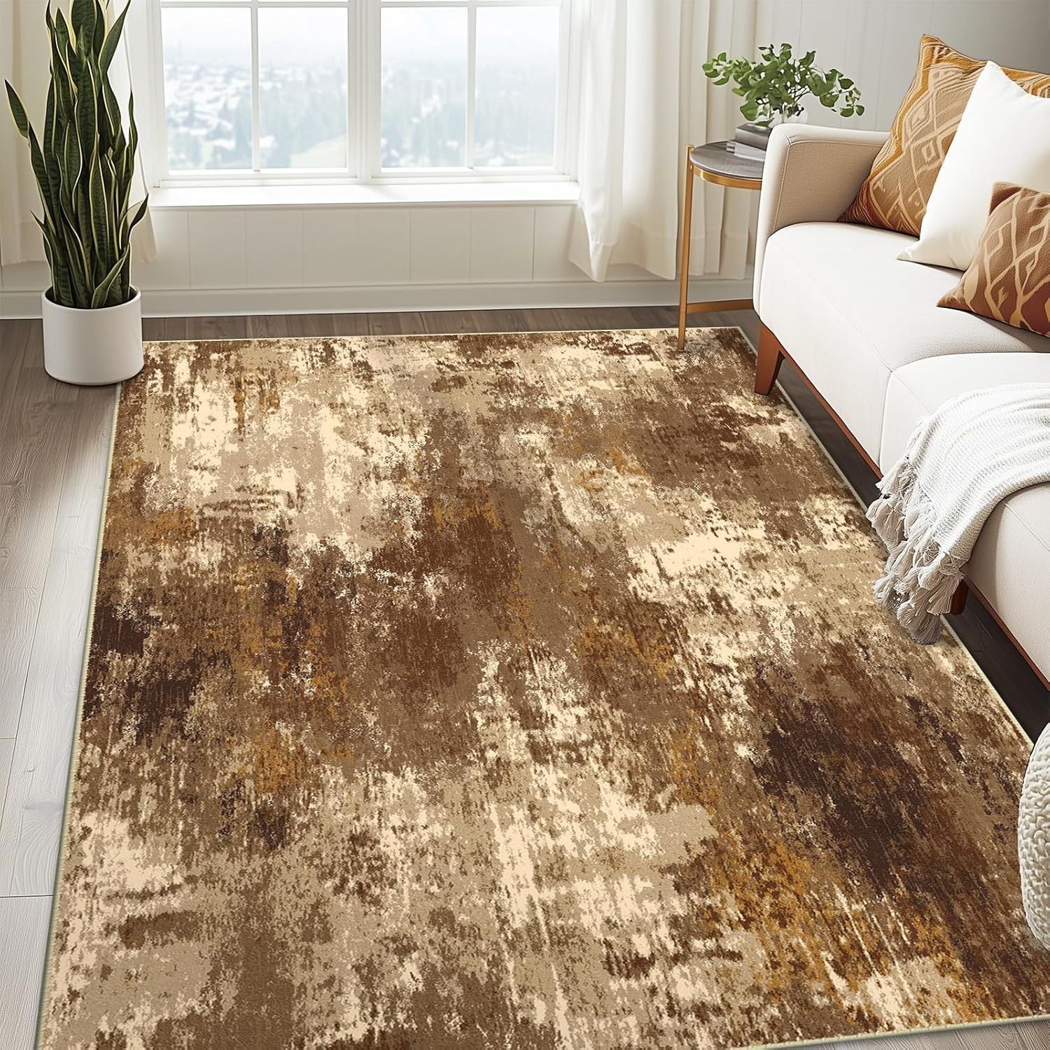 Golden brown gray watercolor abstract area rug in living room, non-slip washable large rug 8x10