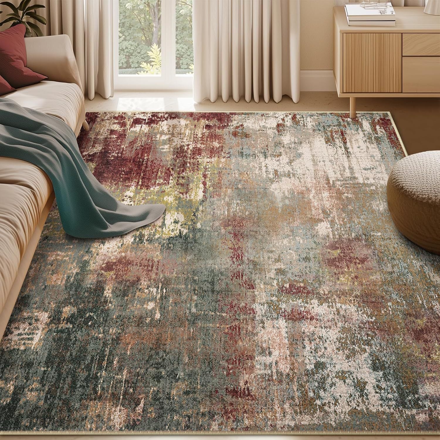Mocha gray watercolor abstract area rug in living room, non-slip machine washable large rug