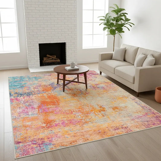 Burnt orange teal abstract area rug in living room, machine washable non-slip large rug 8x10