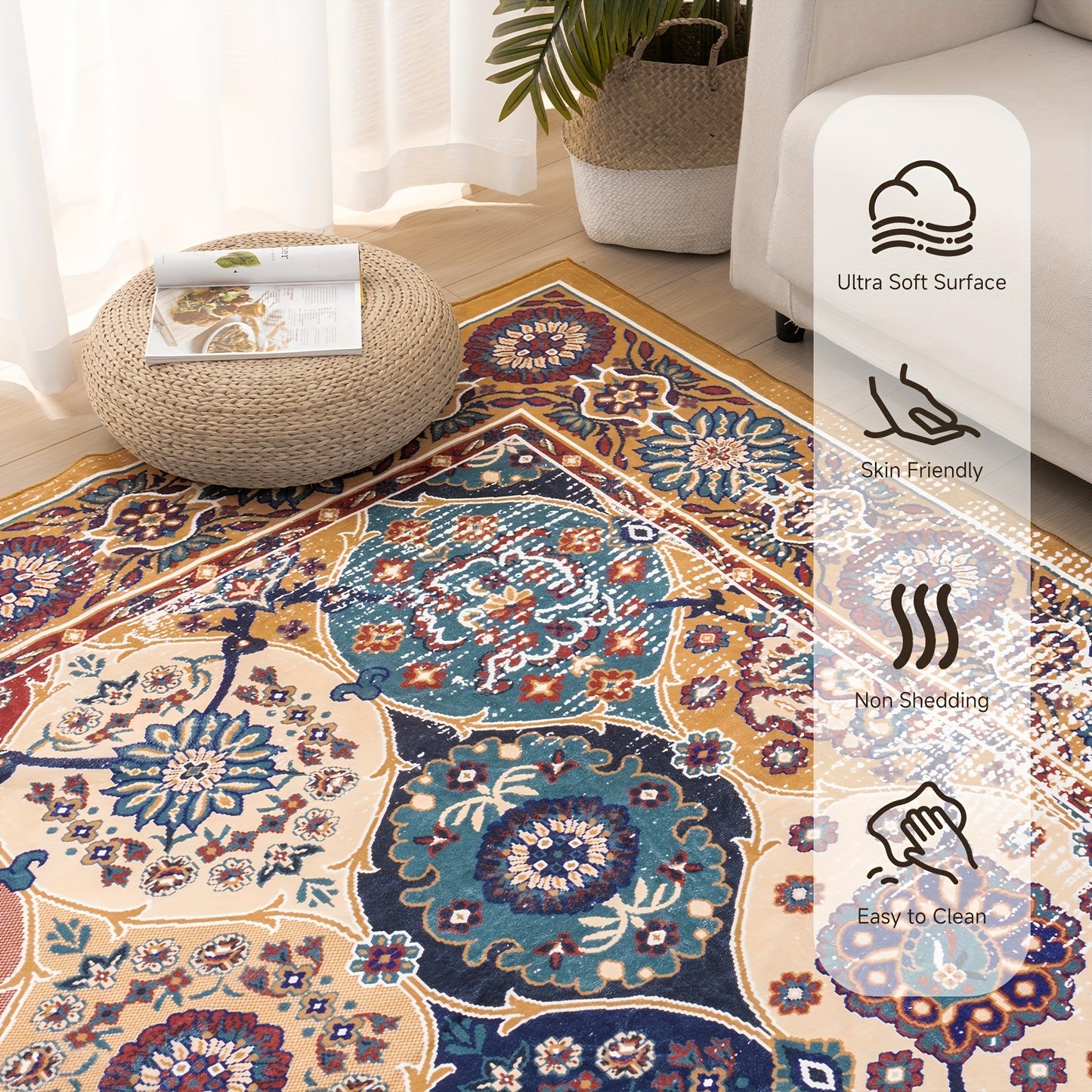 Persian Rug Close Up Detail Faux Cashmere Texture Anti-Slip Washable Carpet