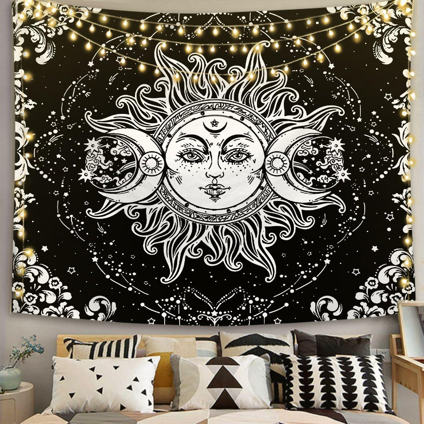 Black and White Sun and Moon Tapestry Wall Hanging - Pattern 01