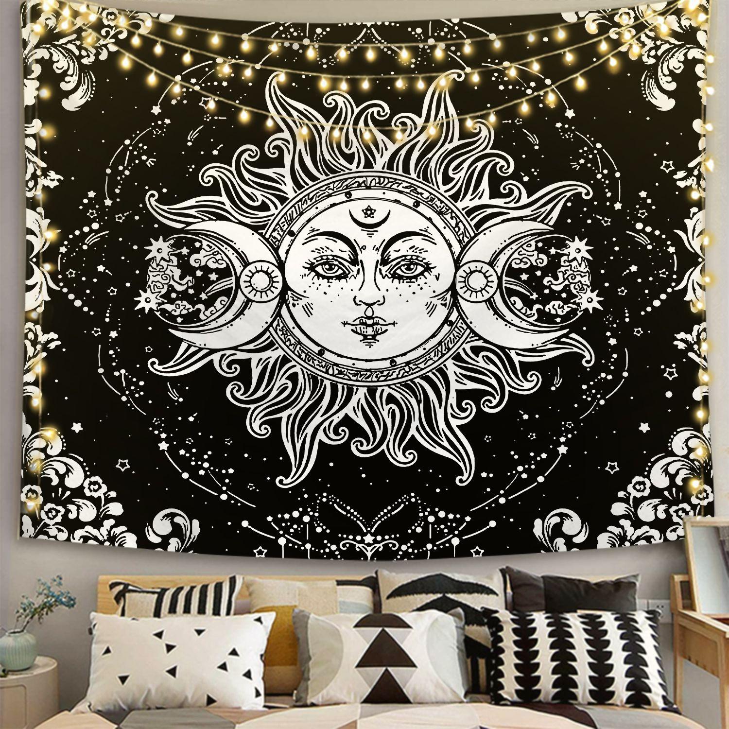 Black and White Sun and Moon Tapestry Wall Hanging - Pattern 01