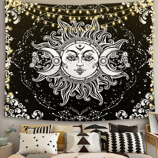 Black and White Sun and Moon Tapestry Wall Hanging - Pattern 01