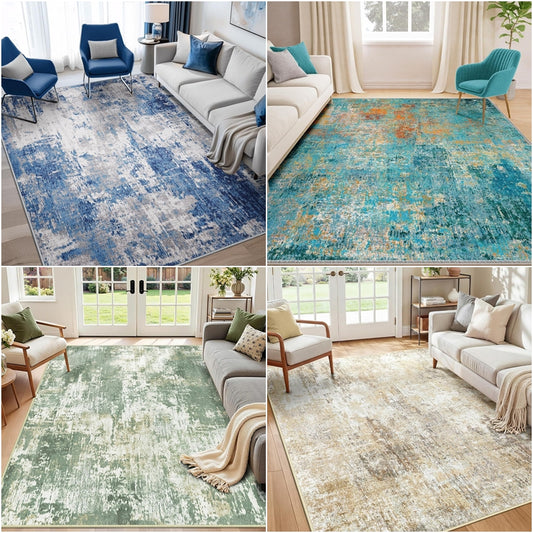 Teal green watercolor abstract area rug in living room, non-slip washable large rug