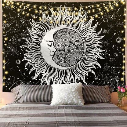 Black and White Sun and Moon Tapestry Wall Hanging - Pattern 04
