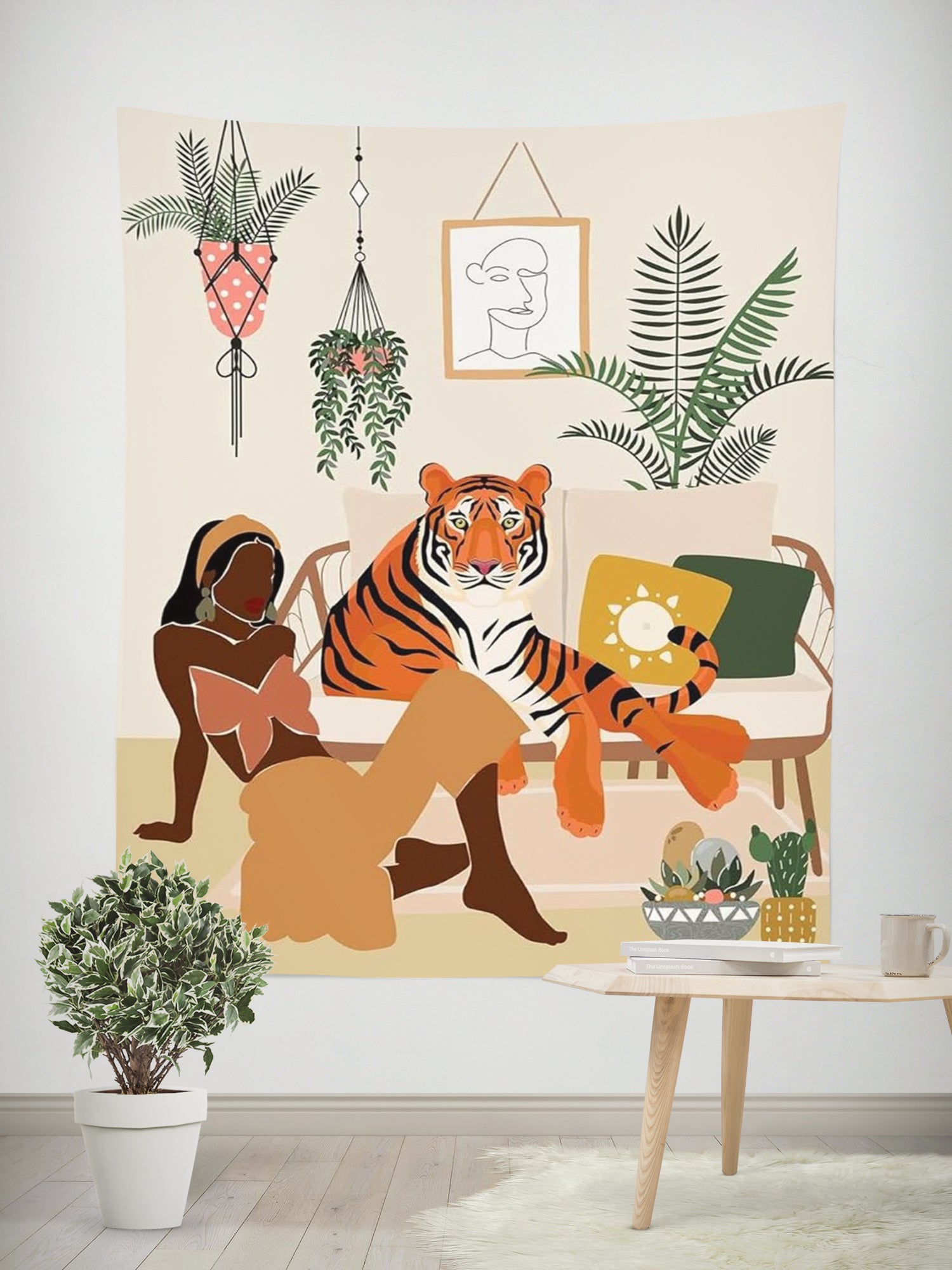 Woman & Tiger Wall Hanging in Bedroom – Boho Aesthetic Decor