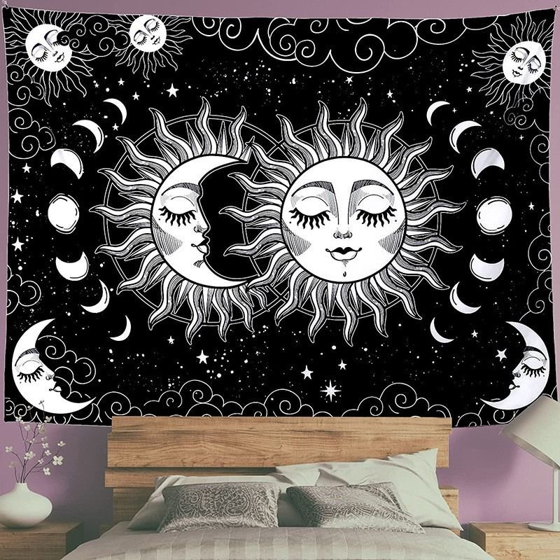 Black and White Sun and Moon Tapestry Wall Hanging - Celestial Boho Bedroom Decor
