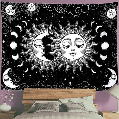 Black and White Sun and Moon Tapestry Wall Hanging - Celestial Boho Bedroom Decor
