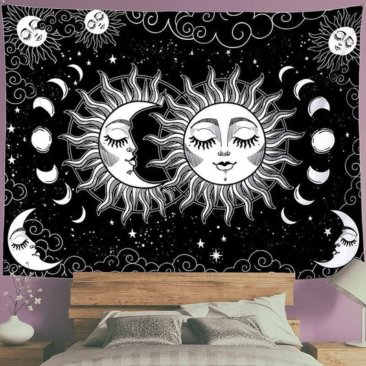 Black and White Sun and Moon Tapestry Wall Hanging - Celestial Boho Bedroom Decor
