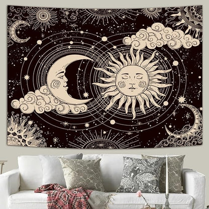 Black and White Sun and Moon Tapestry Wall Hanging - Pattern 03