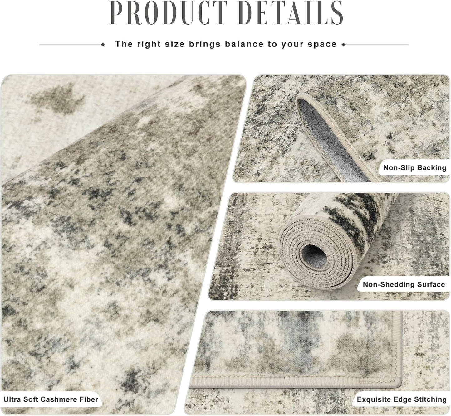 Product details of watercolor abstract area rug — soft surface, feathered edge, non-slip backing