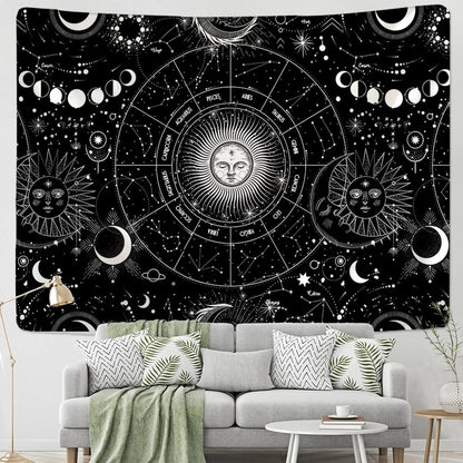 Black and White Sun and Moon Tapestry Wall Hanging - Pattern 07