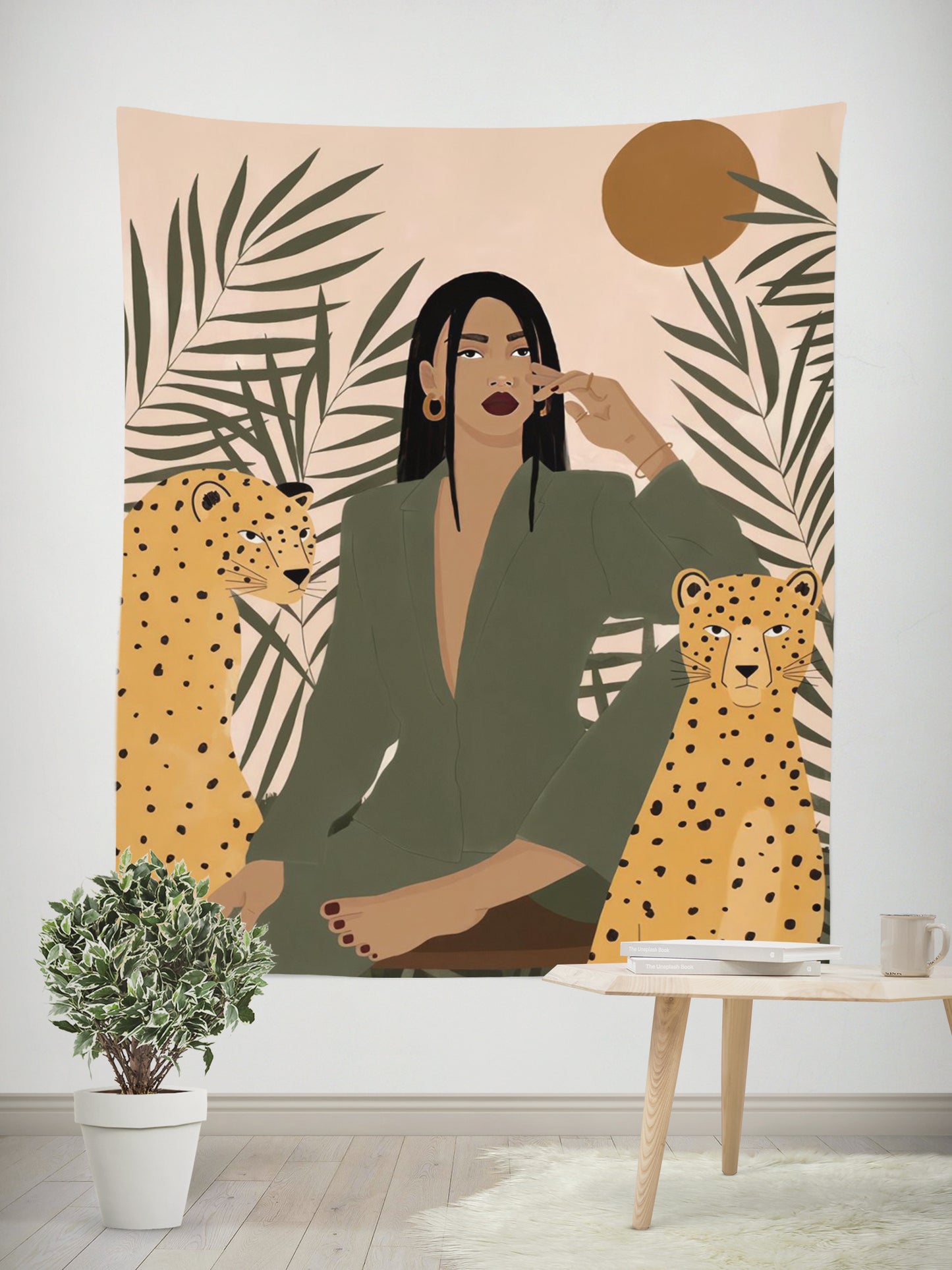 Woman Tiger Tapestry Wall Art – Boho Living Room Decoration