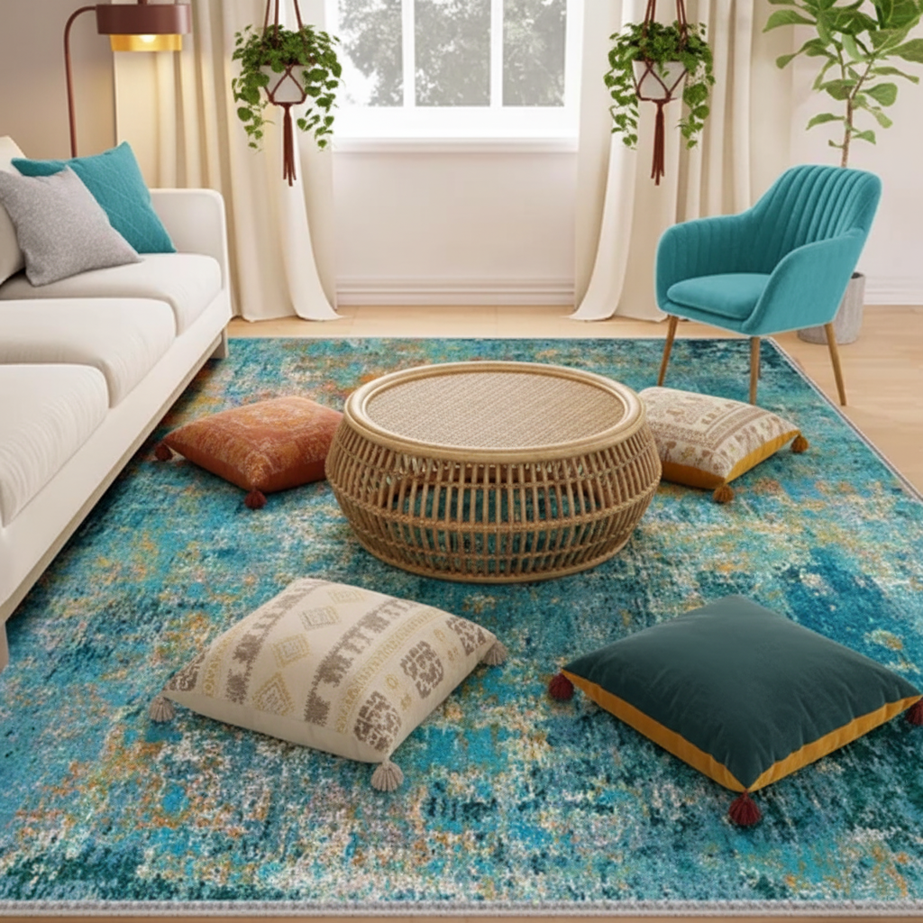 Teal Green Watercolor Abstract Rug in Scandinavian Living Room – Non-Slip Washable Rug