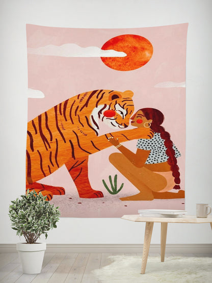 Bohemian Wall Hanging Tapestry – Woman & Tiger Aesthetic Decor