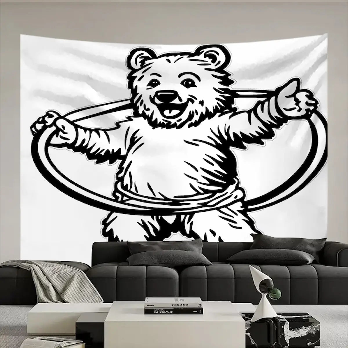 Black and white bear tapestry – cute bear holding hula hoop surrounded by flowers dark boho bedroom wall art